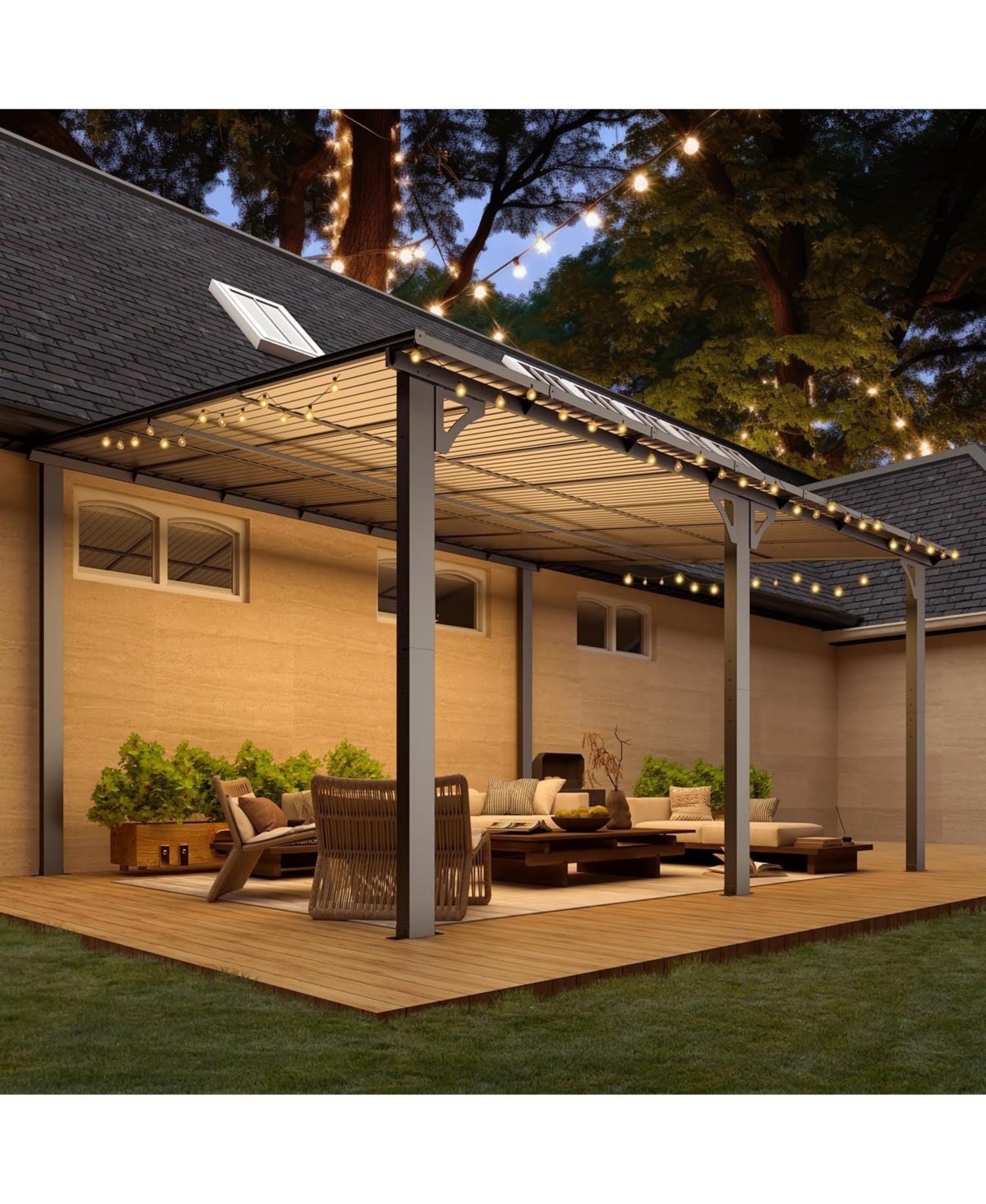 Aecojoy 14'x12' Wall Gazebo Hardtop Roof Lean to Grill Shelter Heavy Duty Metal Awning