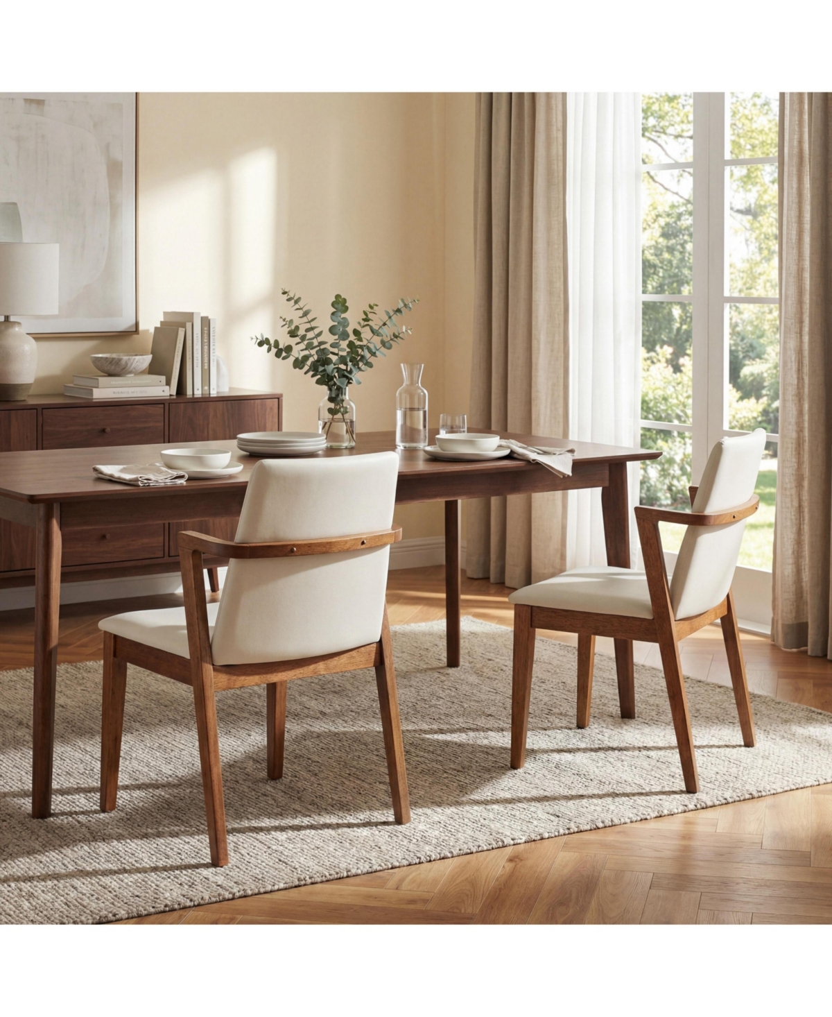 Flynama Set of 2 Mid-Century Modern Dining Armchairs Pu Upholstery with Walnut Rubber Wood Frame