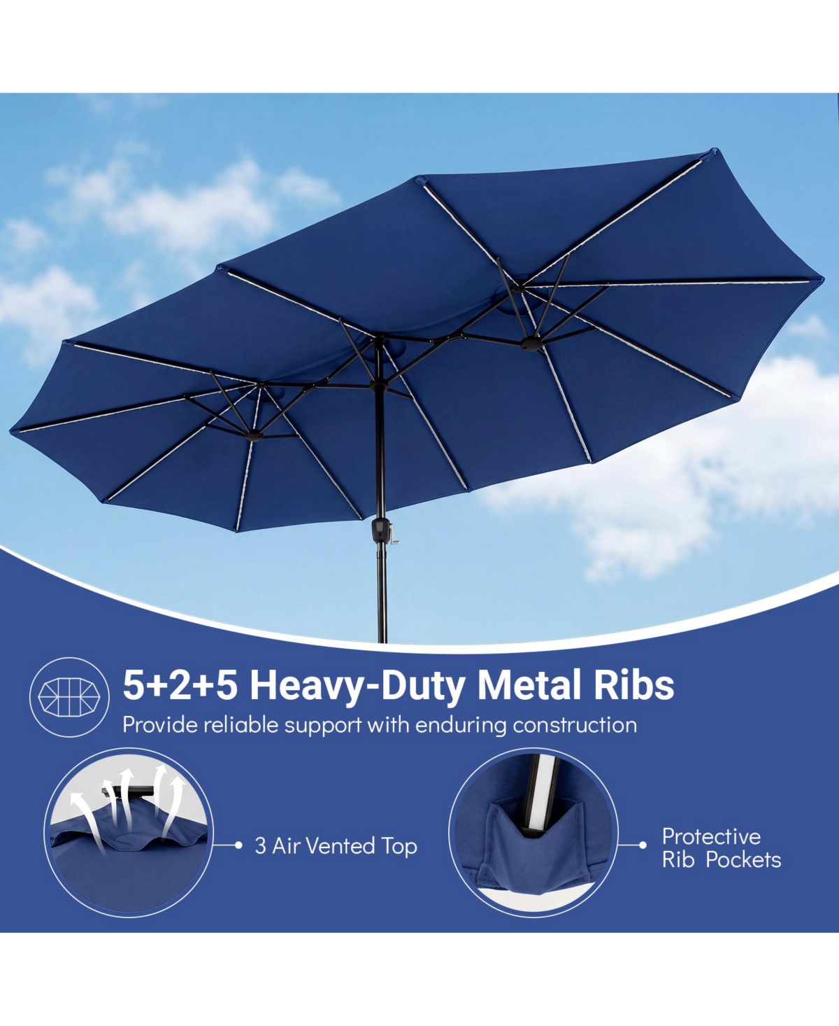 Gymax 15.5 Feet Extra-Large Patio Umbrella with Base Included 12 Ribs Light Modes