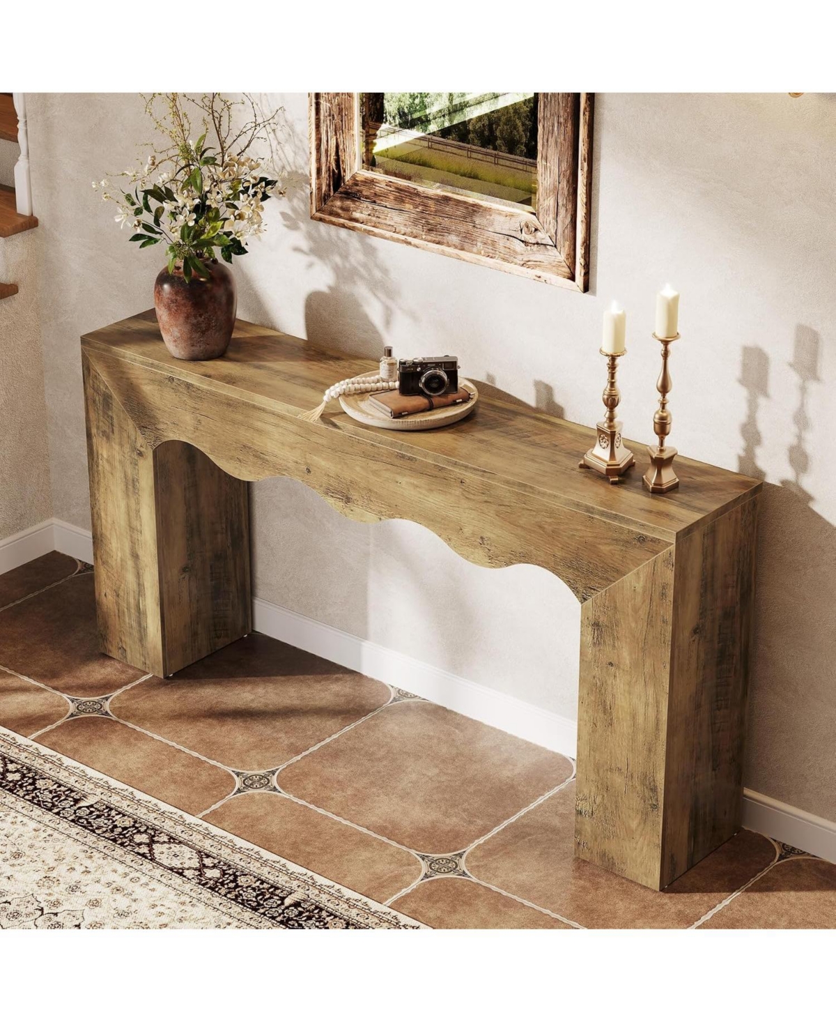 Tribesigns 63" Farmhouse Console Table with Wavy Edge and Storage