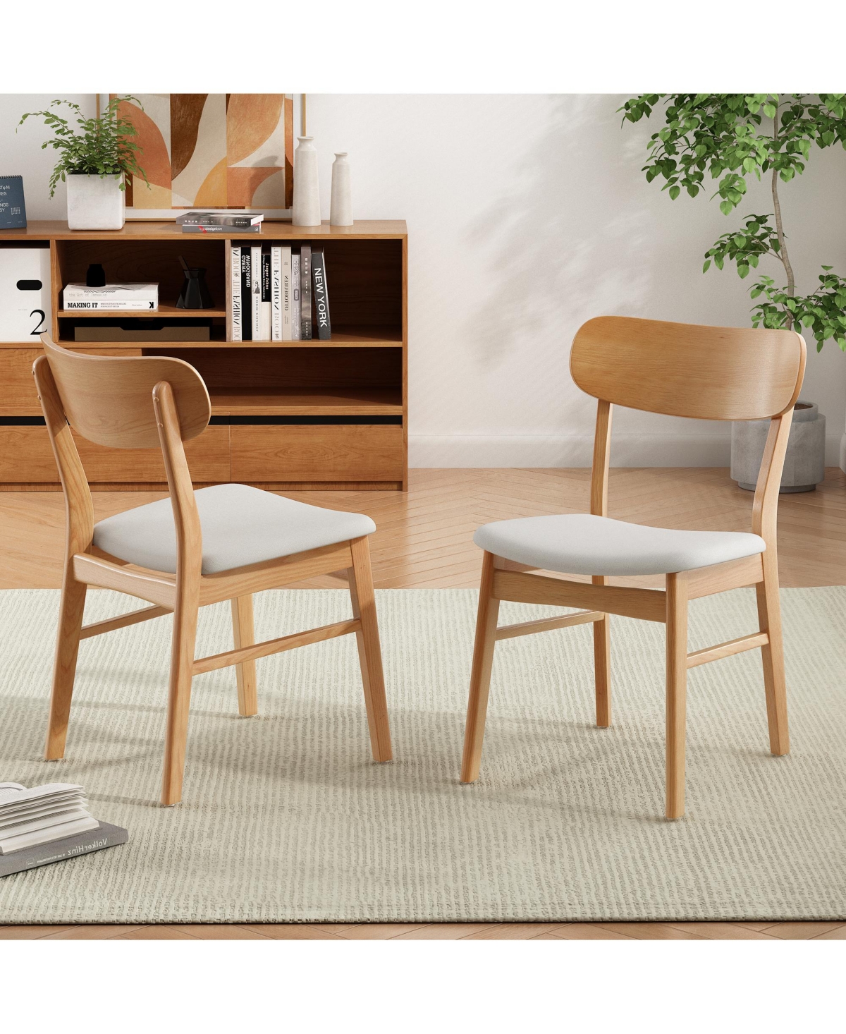 Flynama Set of 2 Minimalist Light Fabric Dining Chairs, Solid Rubberwood Legs
