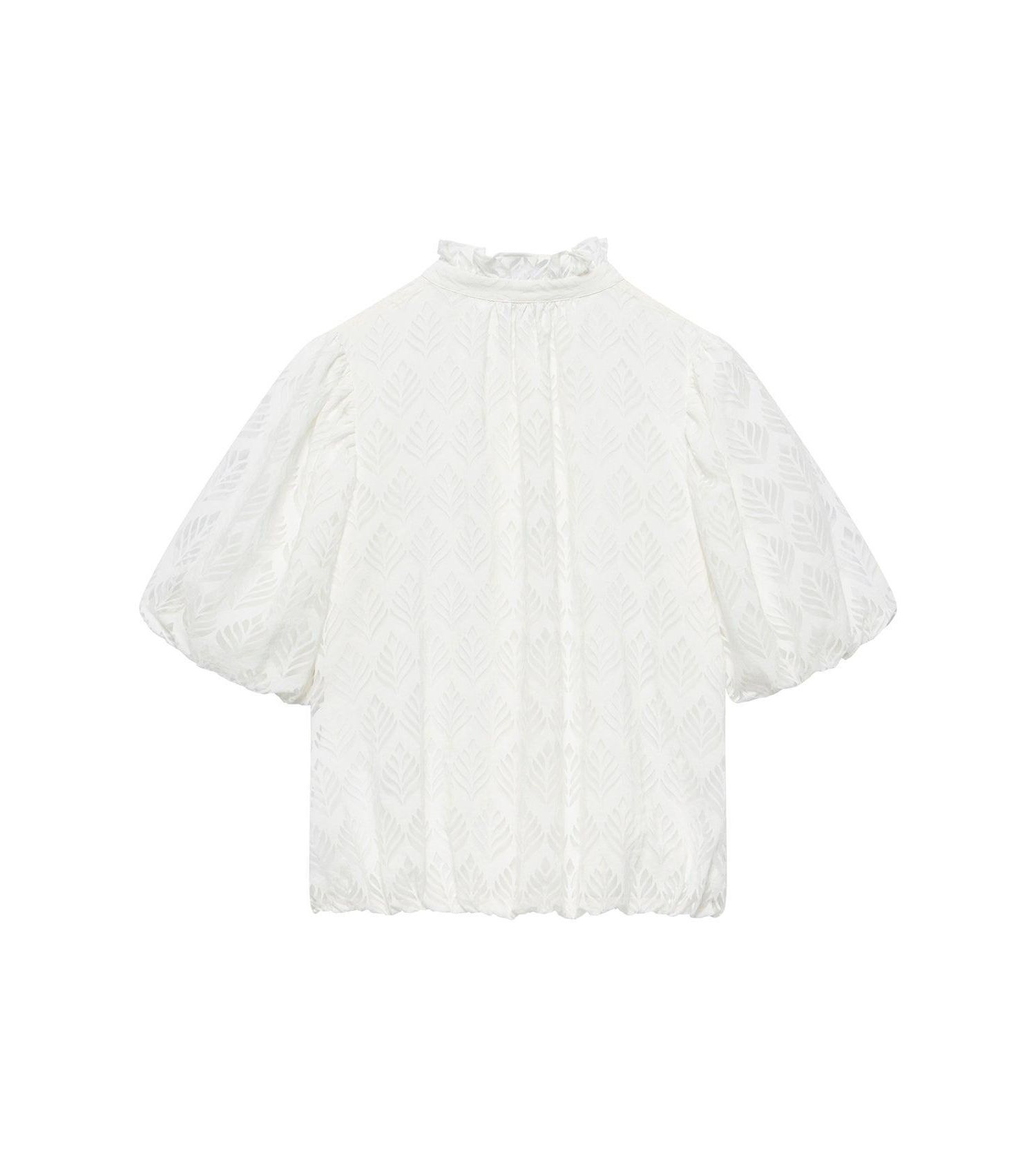 Women's Short Puff Sleeve Jacquard Ruffle-Trim Blouse