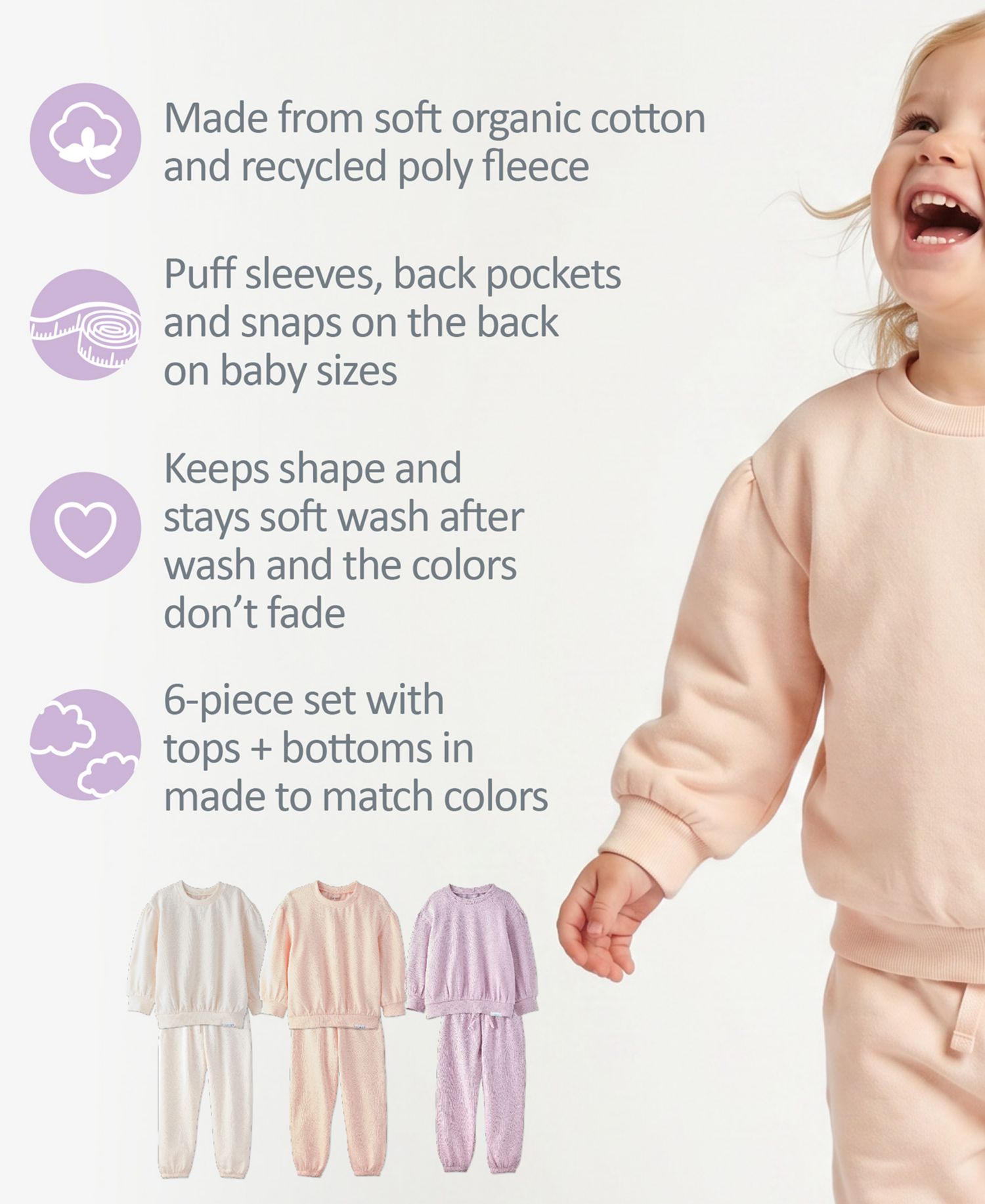 Baby Girls' Long-Sleeve Solid Sweatshirt and Pants, 3-Pack