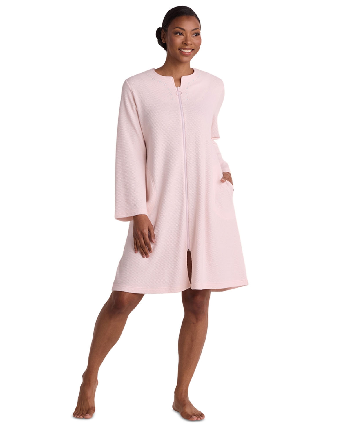 Miss Elaine Women's Zip Front Textured Knit Robe In 677 Peach