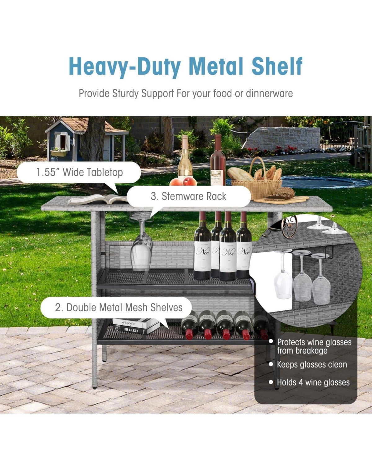 Mecale 55-Inch Outdoor Wicker Bar Table with Metal Storage Shelves