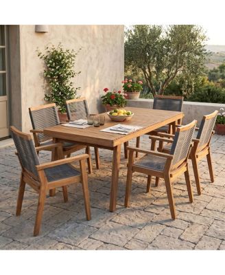 7 Piece Acacia Wood Outdoor Dining Set with 69" Dining Table and Rope Arm Chairs