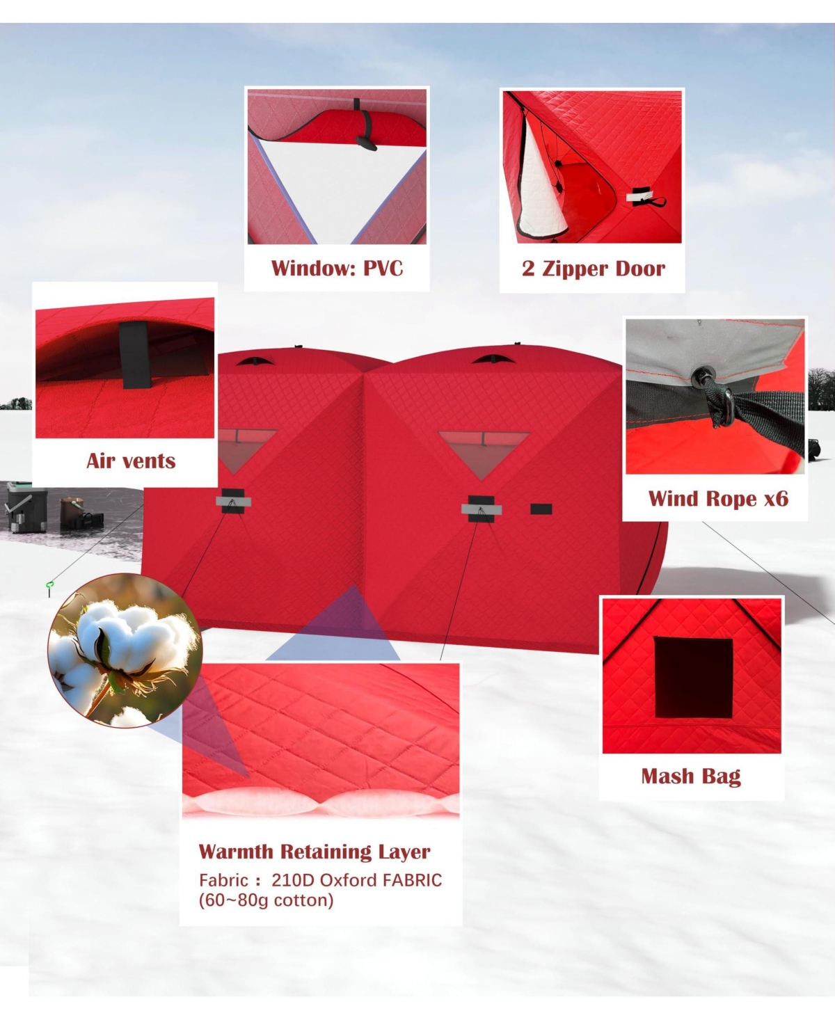homfan Portable Pop Up Ice Fishing Shelter 70"x70"x79"/140"x70"x79" Insulated Hub Tent, Waterproof Oxford, 2-8 Persons