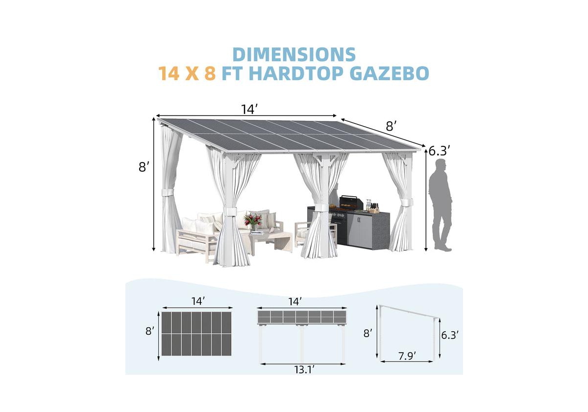 Aecojoy 14' x 8'Wall Mounted Hardtop Gazebo Lean to Metal Pergola with Curtains Netting Patio