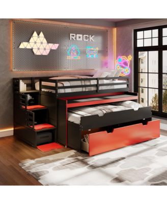 Twin XL Loft Bed with Pull-Out Desk and Twin Trundle, Multi-Functional Bunk Bed with 2 Storage Drawers and Storage Steps