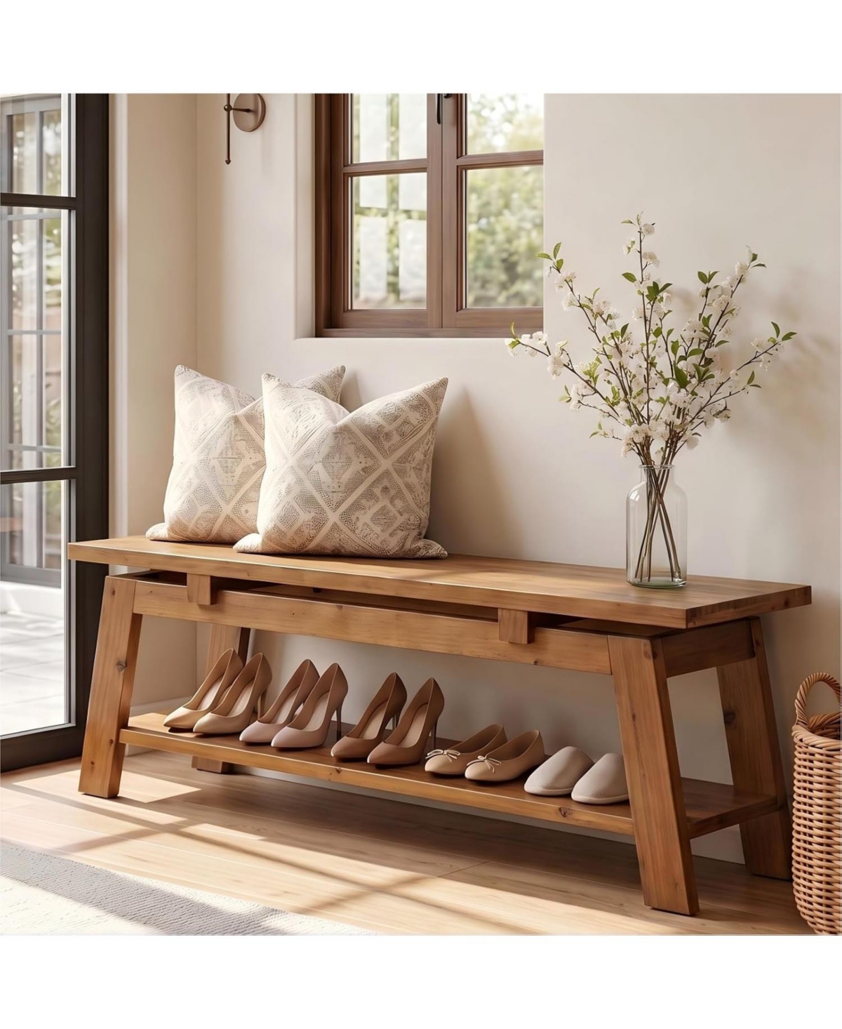 Tribesigns Solid Wood Bench, 55" Farmhouse Entryway Bench with Shoe Storage | 350 lb Capacity, Scratch Resistant, End of Bed Bench Shoe Bench Seat