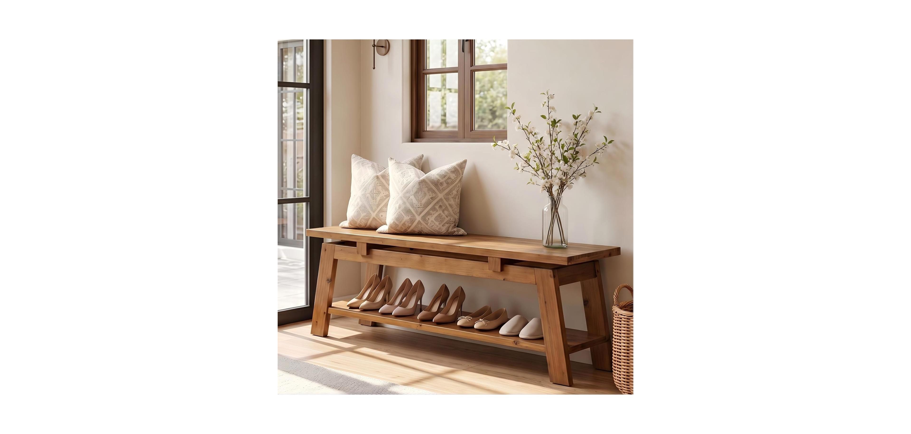 Tribesigns Solid Wood Bench, 55" Farmhouse Entryway Bench with Shoe Storage | 350 lb Capacity, Scratch Resistant, End of Bed Bench Shoe Bench Seat