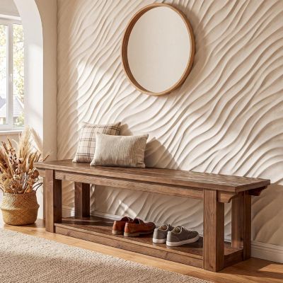 63" Solid Wood Entryway Bench, 2-Tier Shoe Storage Bench