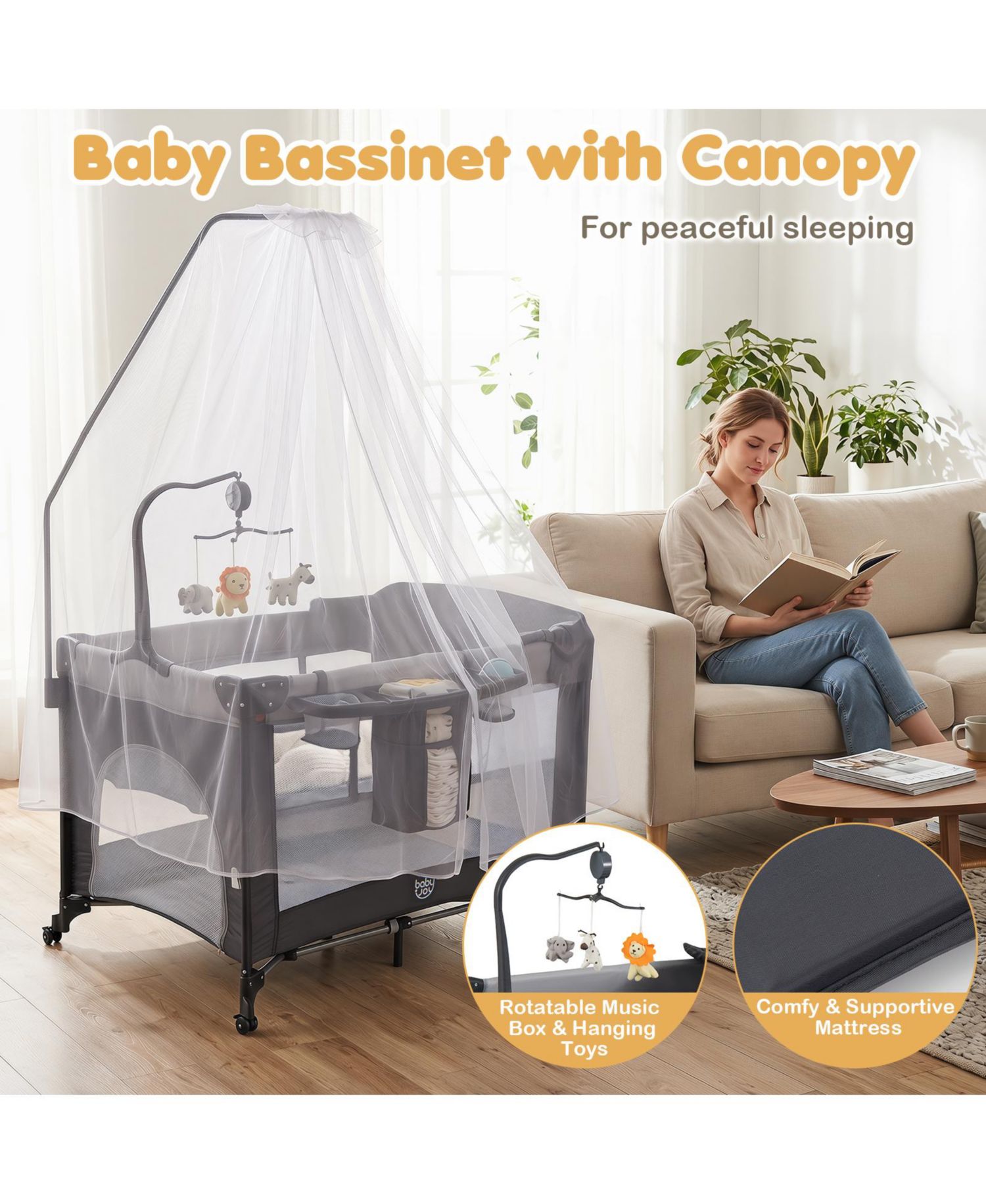 Baby Bassinet Bedside Crib with Changing Table Mattress Detachable Canopy Basket