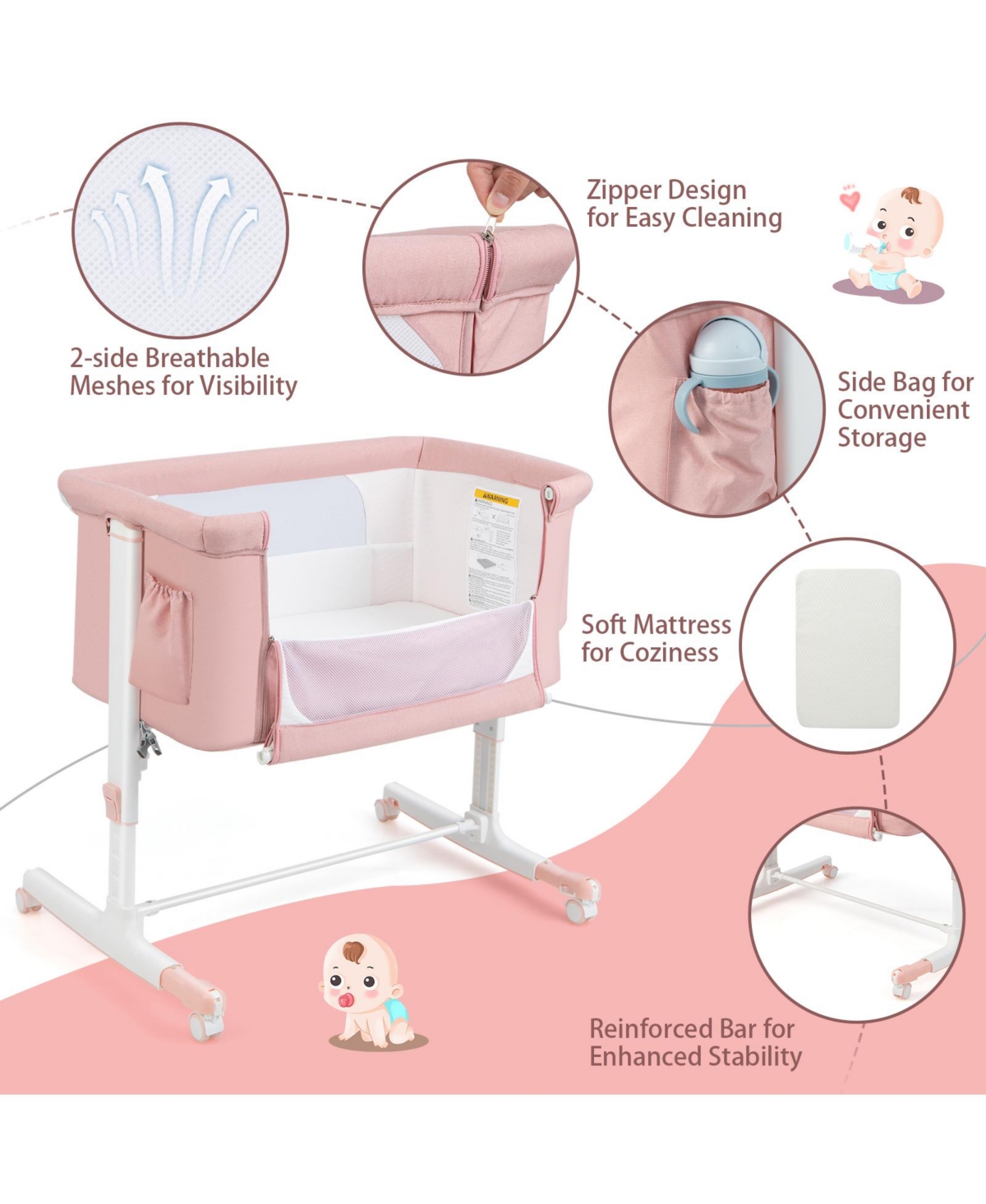 Costway Baby Bassinet Bedside Crib with Changing Table Mattress Detachable Canopy Basket