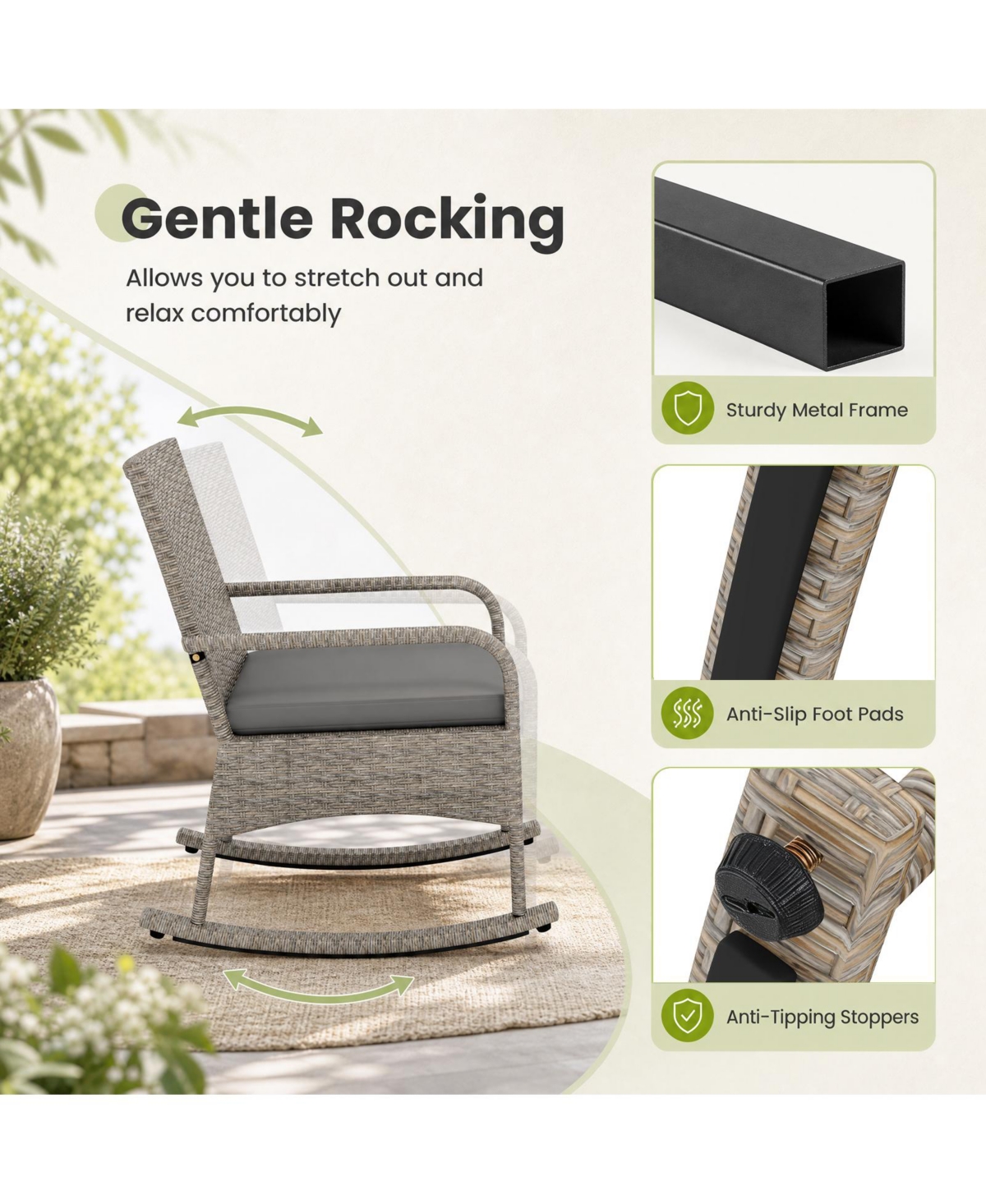 Gymax 3-Piece Rocking Bistro Set with Cushions and Glass Coffee Table for Garden Outdoor Mixed