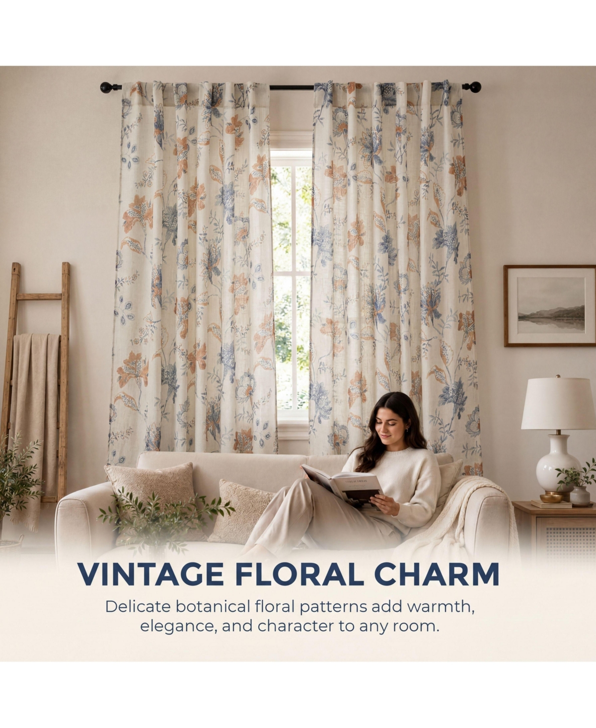 Hlc.me Spring Bloom Linen Floral Print Patterned Curtains - Back Tab Pocket Window Flower Curtains Panels for Bedroom and Living Room