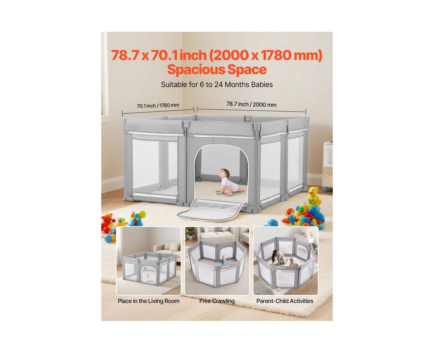 Foldable Baby Playpen for Toddlers, Large Play Yard with Soft Mesh Sides and Zippered Safety Door