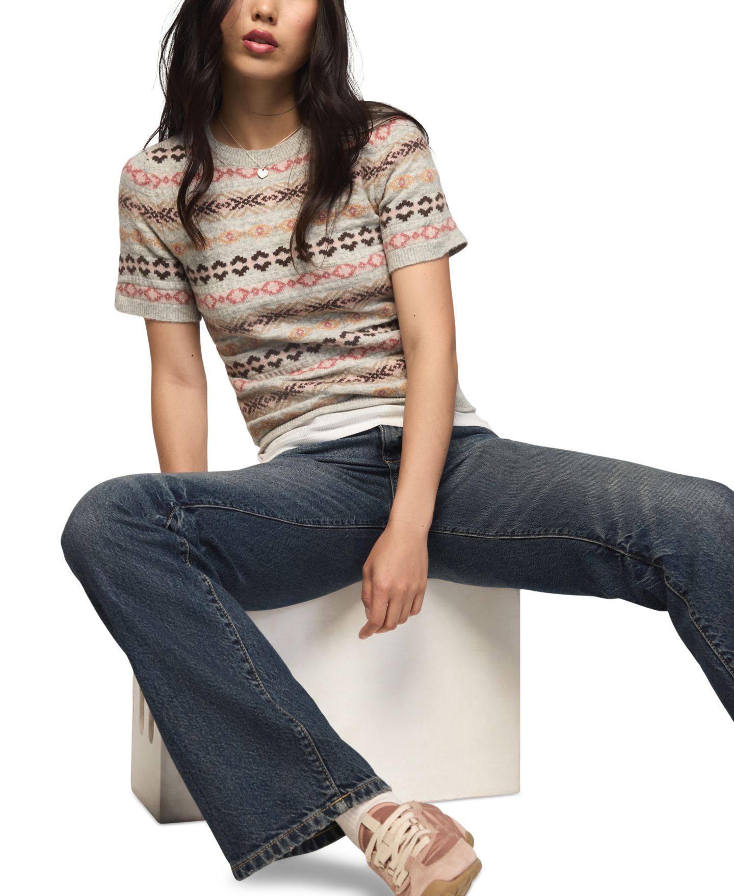 Женский свитер Lucky Brand Fair Isle Crewneck Short-Sleeve, цвет: Светлый меланжевый серый — фото 5
