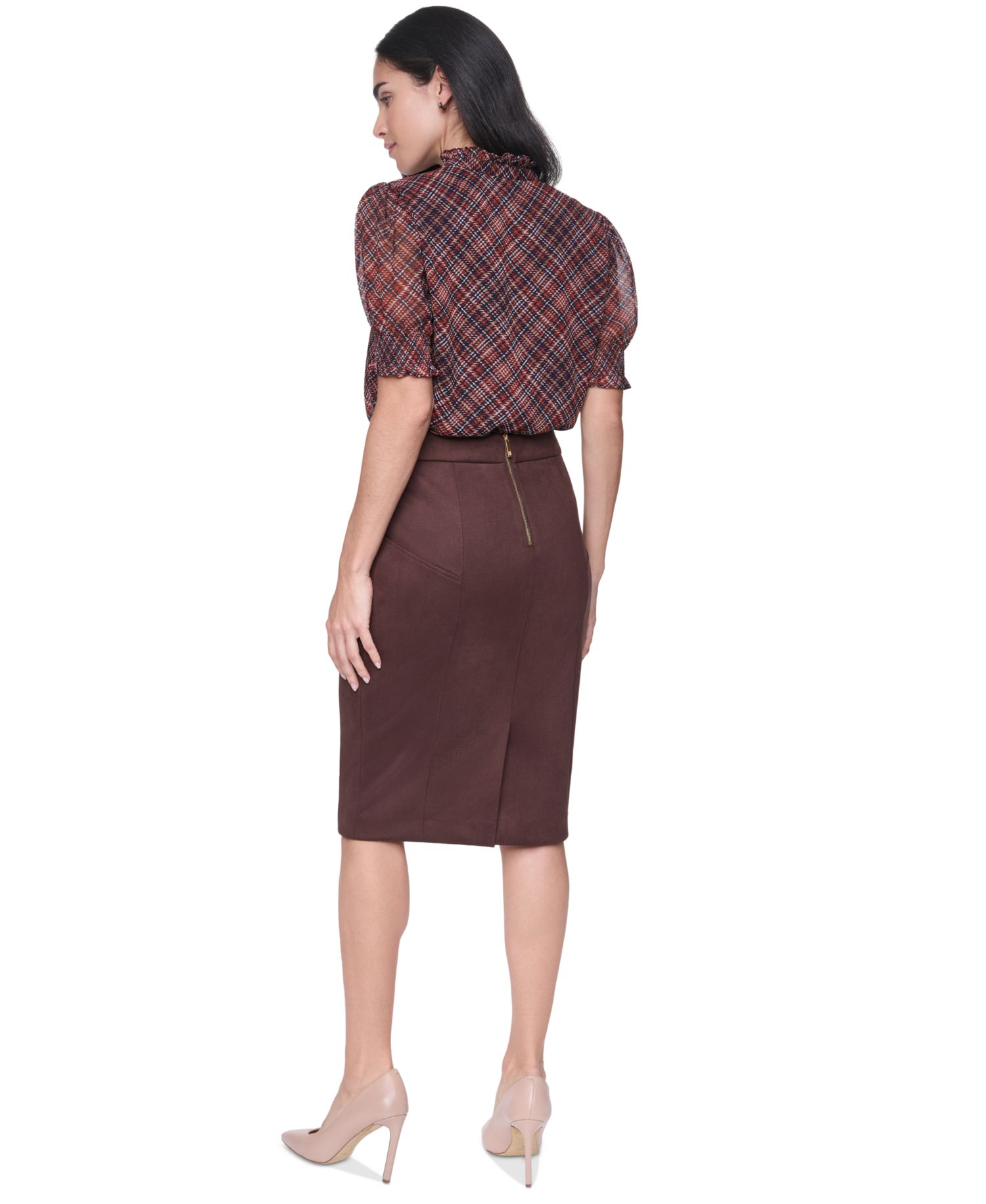 Women's Mock-Neck Short-Sleeve Plaid Blouse