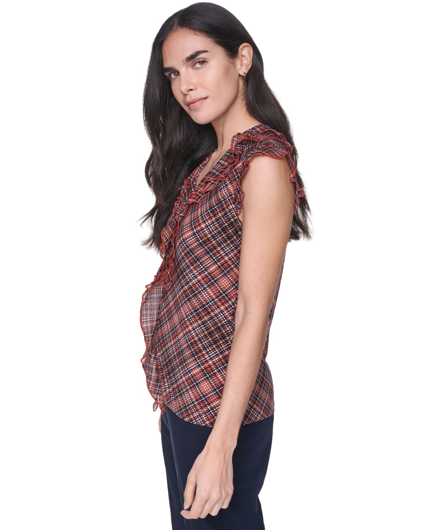 Women's V-Neck Plaid Ruffle Sleeveless Blouse