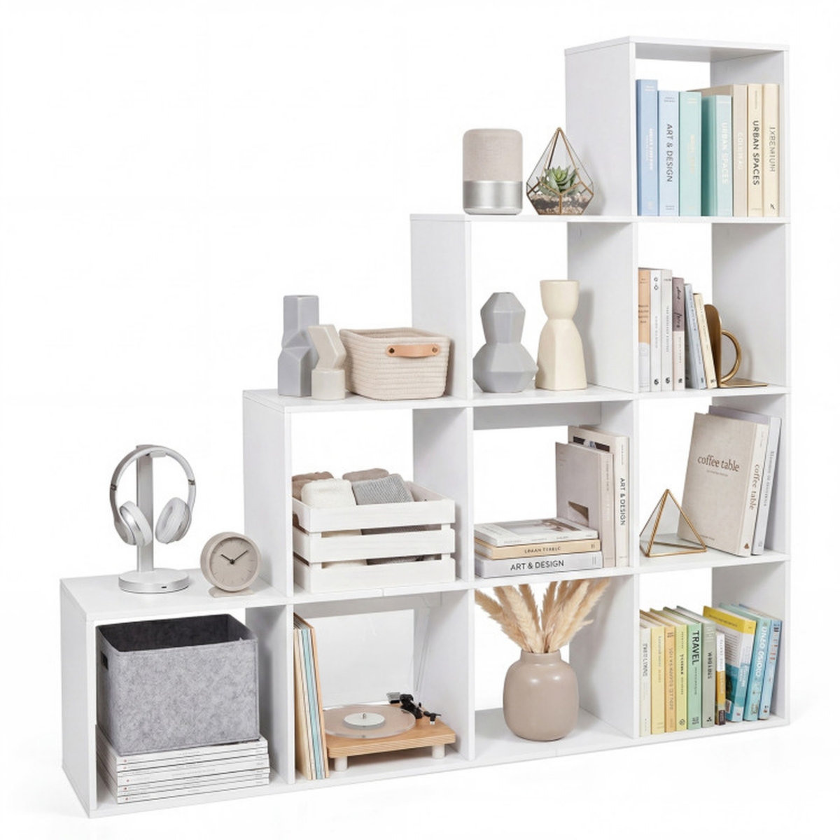 Sugift 4-Tier Stepped Bookshelf with 10 Cubes and Anti-Tipping Kits