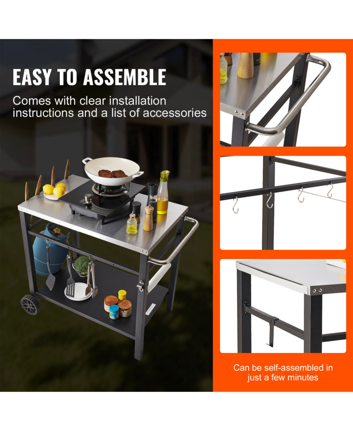 Vevor Outdoor Grill Dining Cart Double-Shelf Bbq Movable Food Prep Trolley Patio