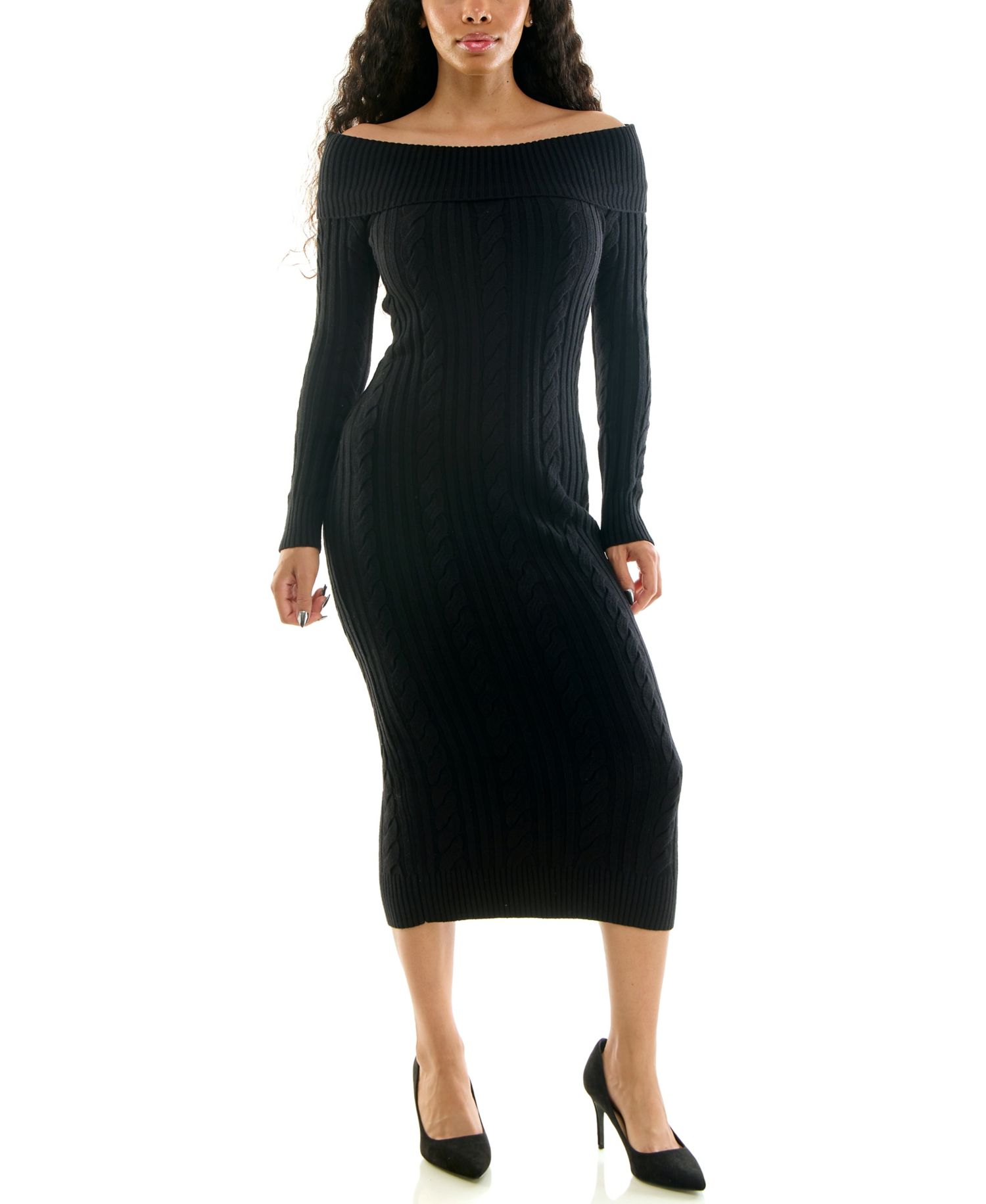 Juniors' Off-the-Shoulder Long-Sleeve Mixed-Stitch Midi Dress