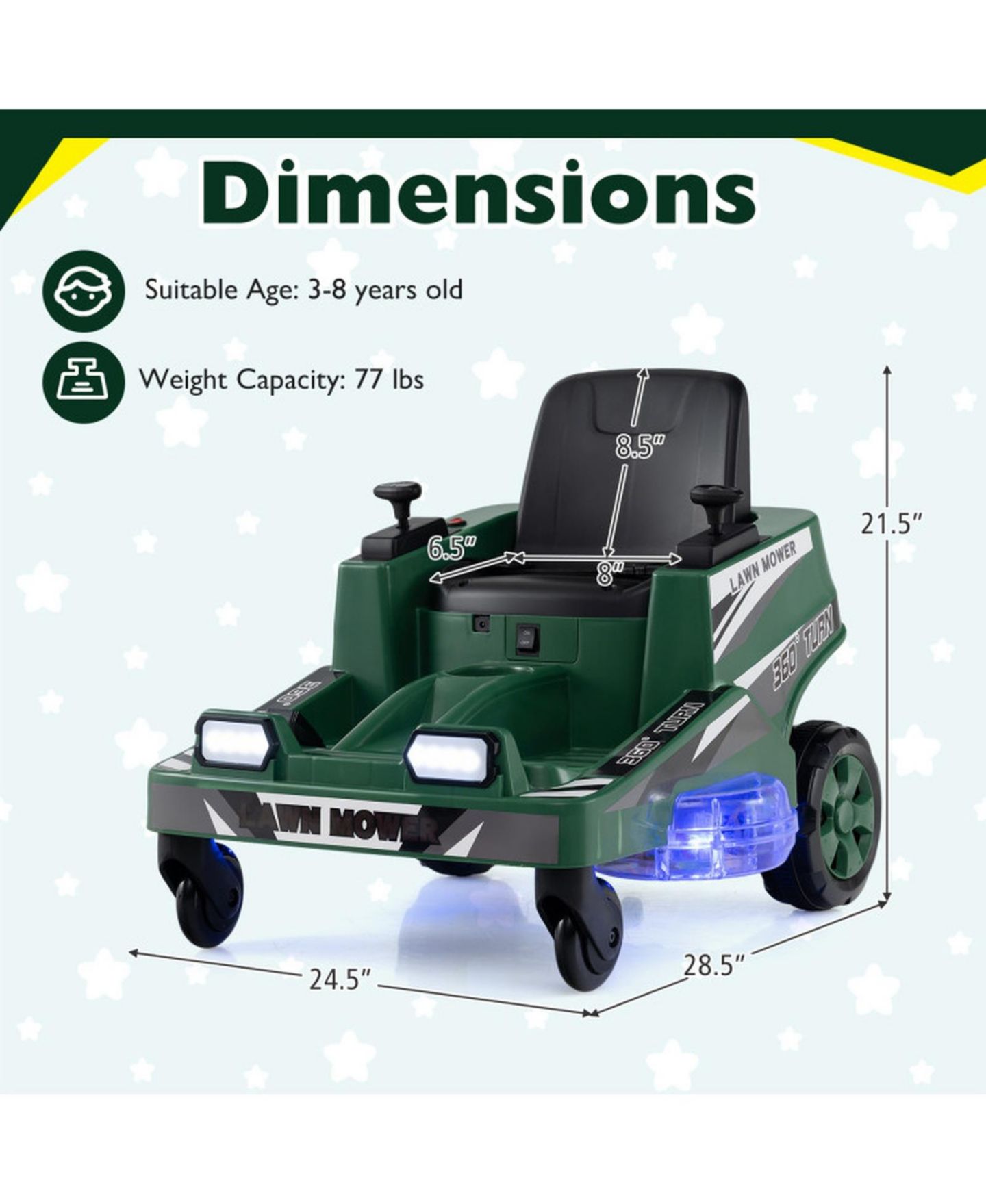 Детская игрушка HONGGE 12V Ride-On Mower with Spinning Blades and LED Lights, 77 lbs., Ages 3–8, цвет: Зелёный — фото 3