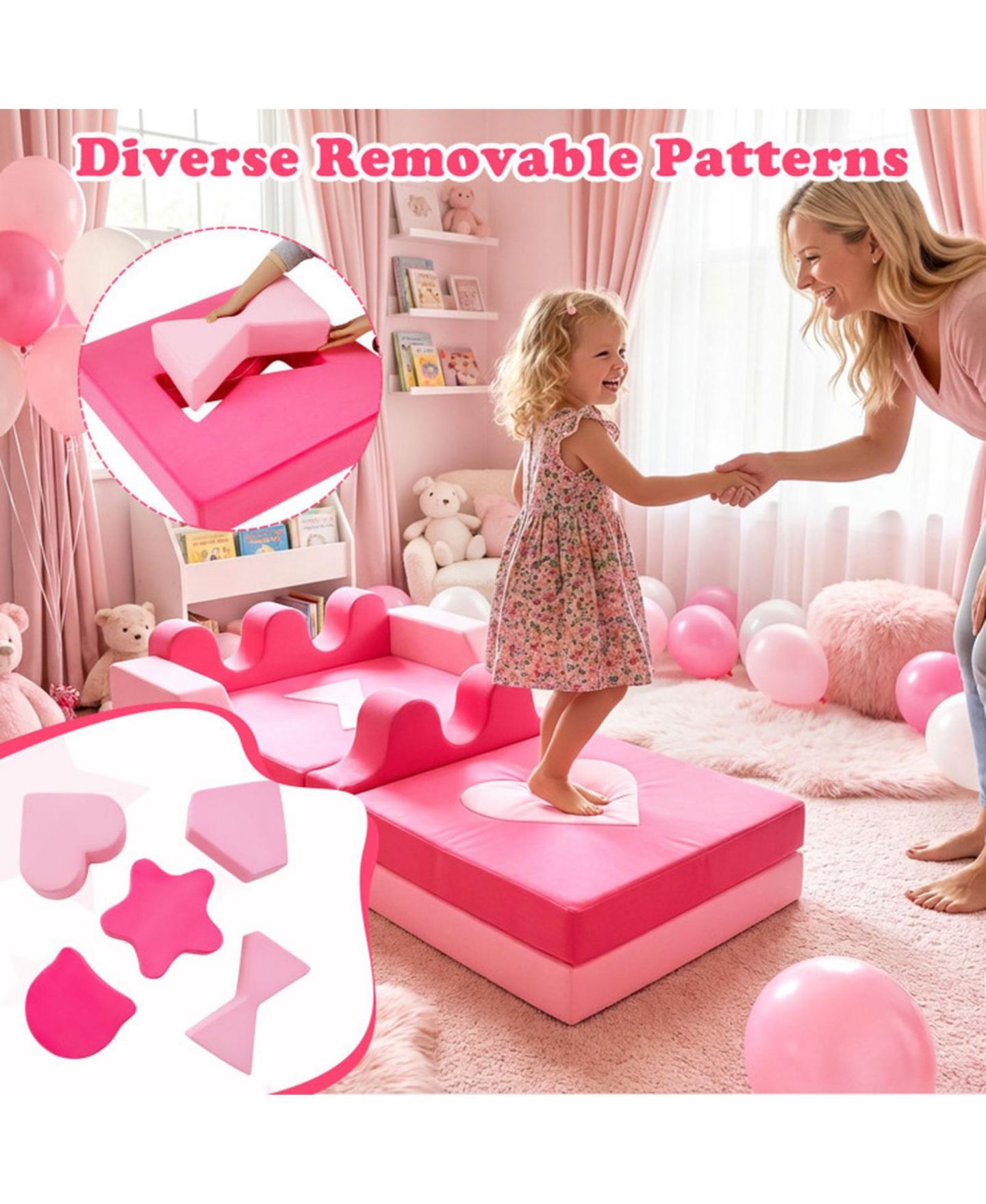 Детские игрушки HONGGE 14-Piece Modular Kids Play Couch with Washable Covers, цвет: Пудровый розовый — фото 9