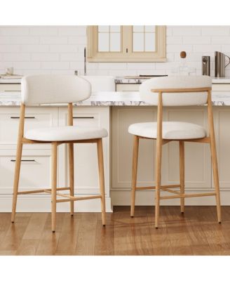 Set of 2 Modern Mid-Century Counter Height Bar Stools, Linen Upholstered Barstools with Back