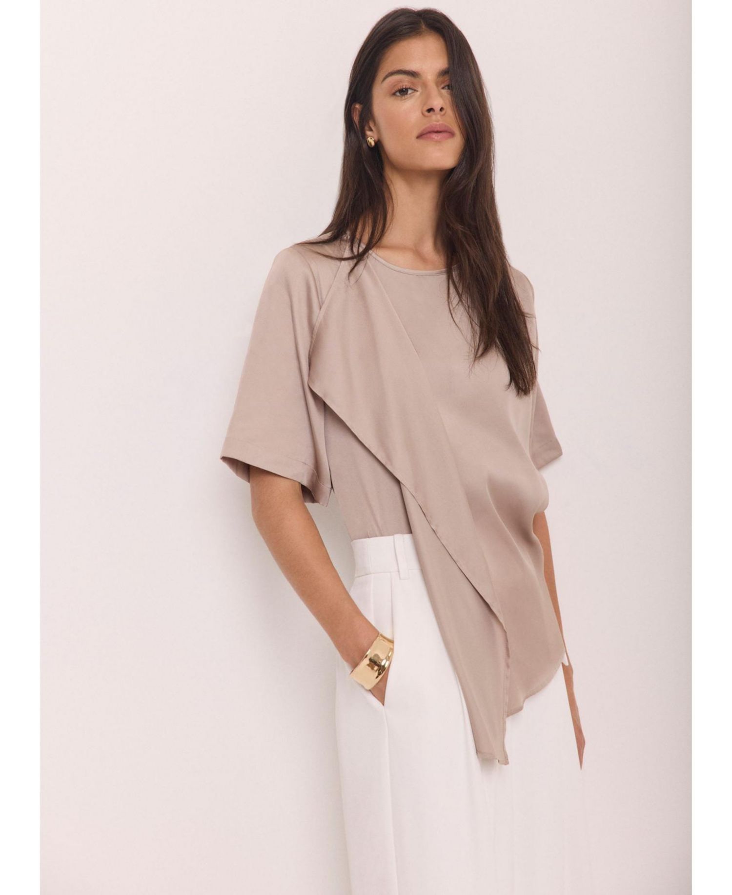 Women's Satin Ruffle-Front Button-Back Top