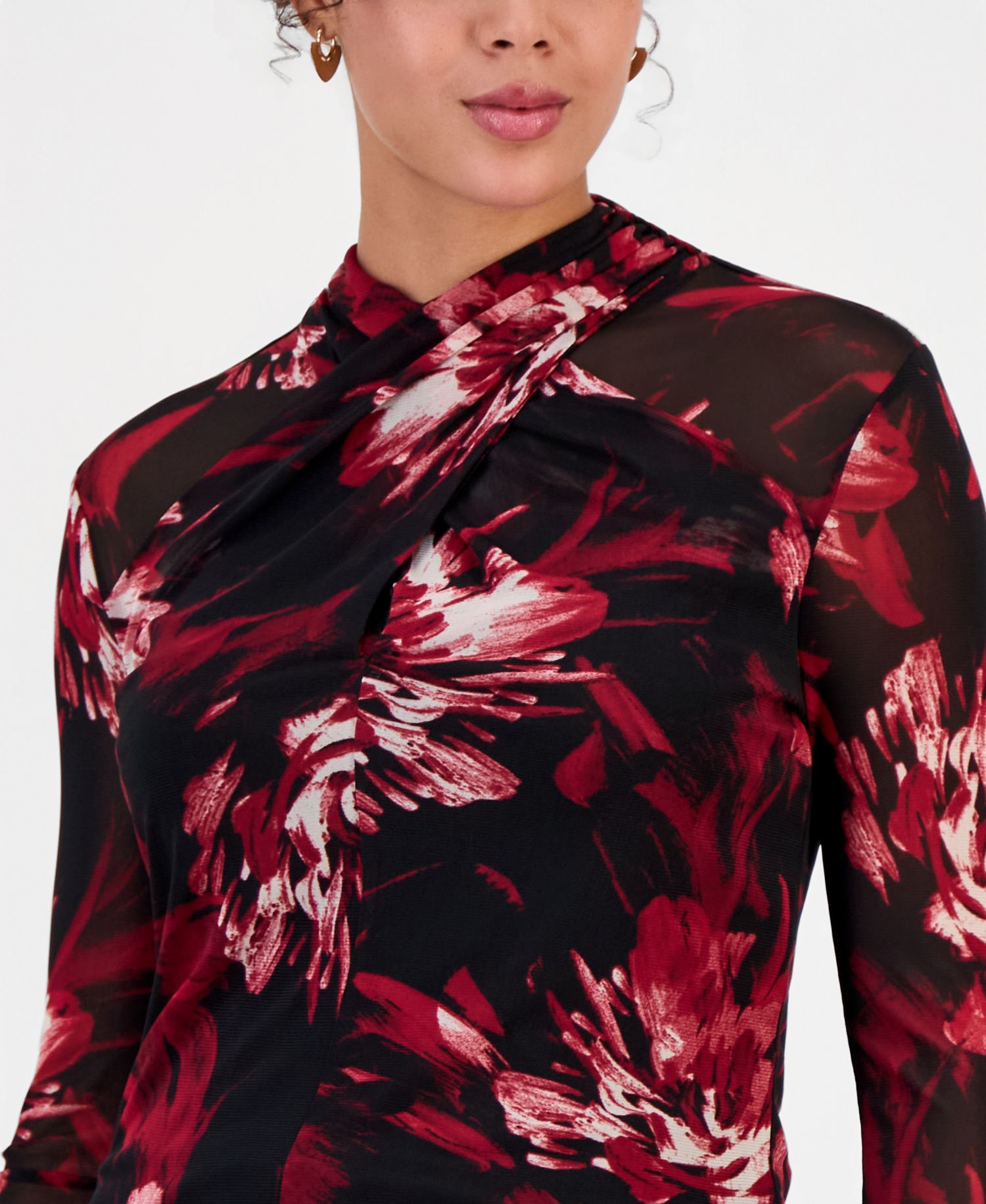 Women's Floral-Print Mesh Long-Sleeve Blouse