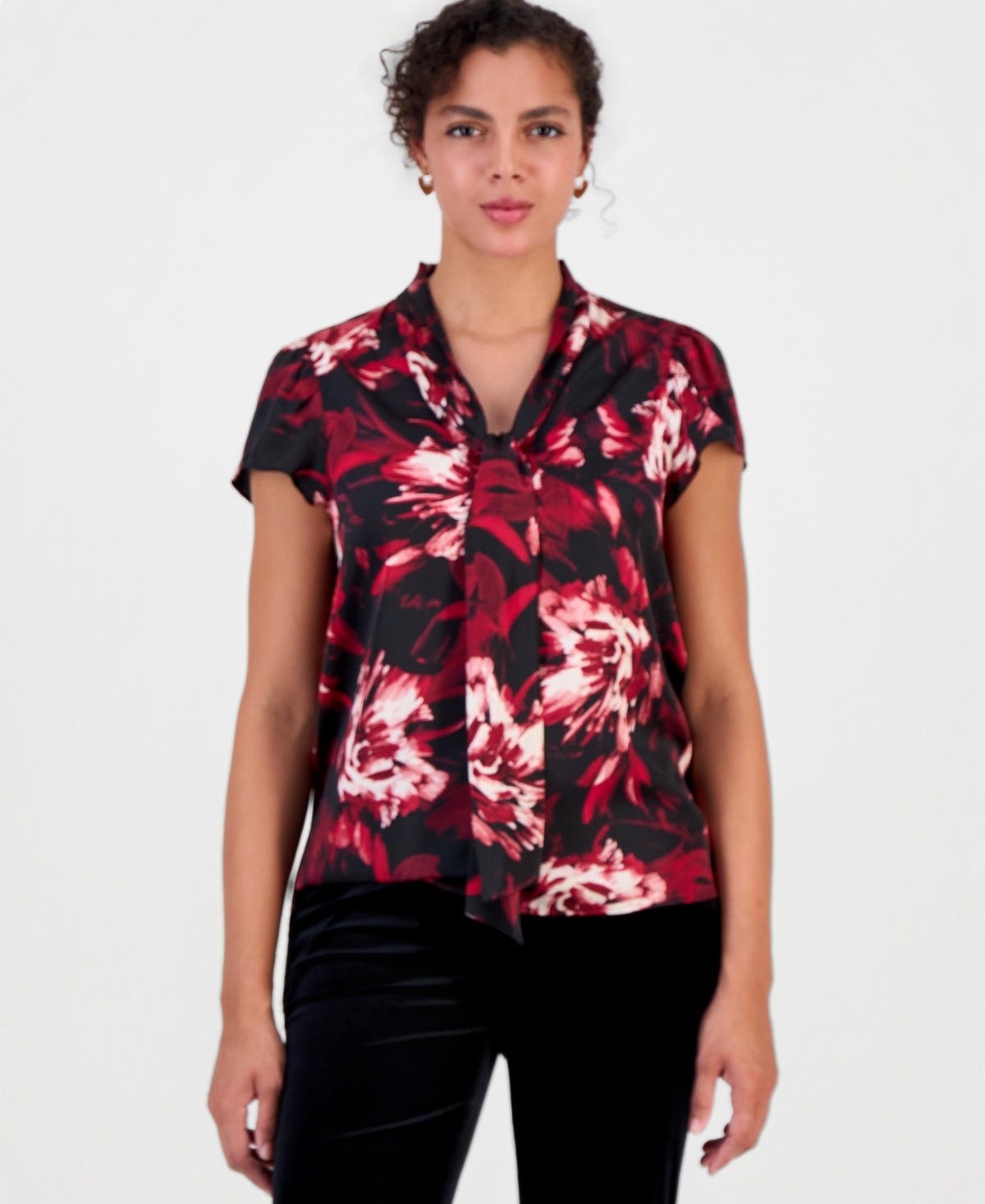 Bar Iii Women's Tie-neck Short-flutter-sleeve Blouse, Macy's Exclusive In Black,pomegranate Multi