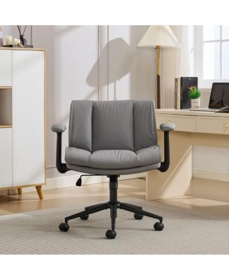 Cross-Legged Office Chair on Wheels with Flip-Up Armrests, Faux Leather Upholstered Wide Seat Swivel Desk Chair