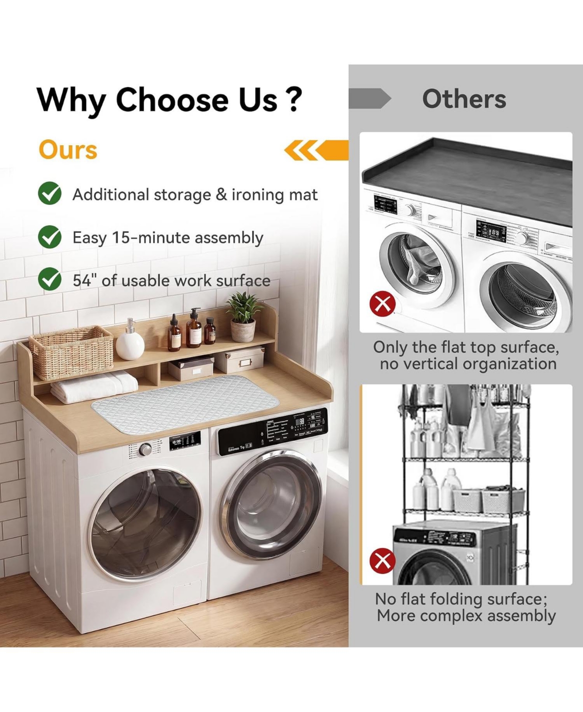 Tribesigns 54" Washer Dryer Countertop with Ironing Mat, Waterproof