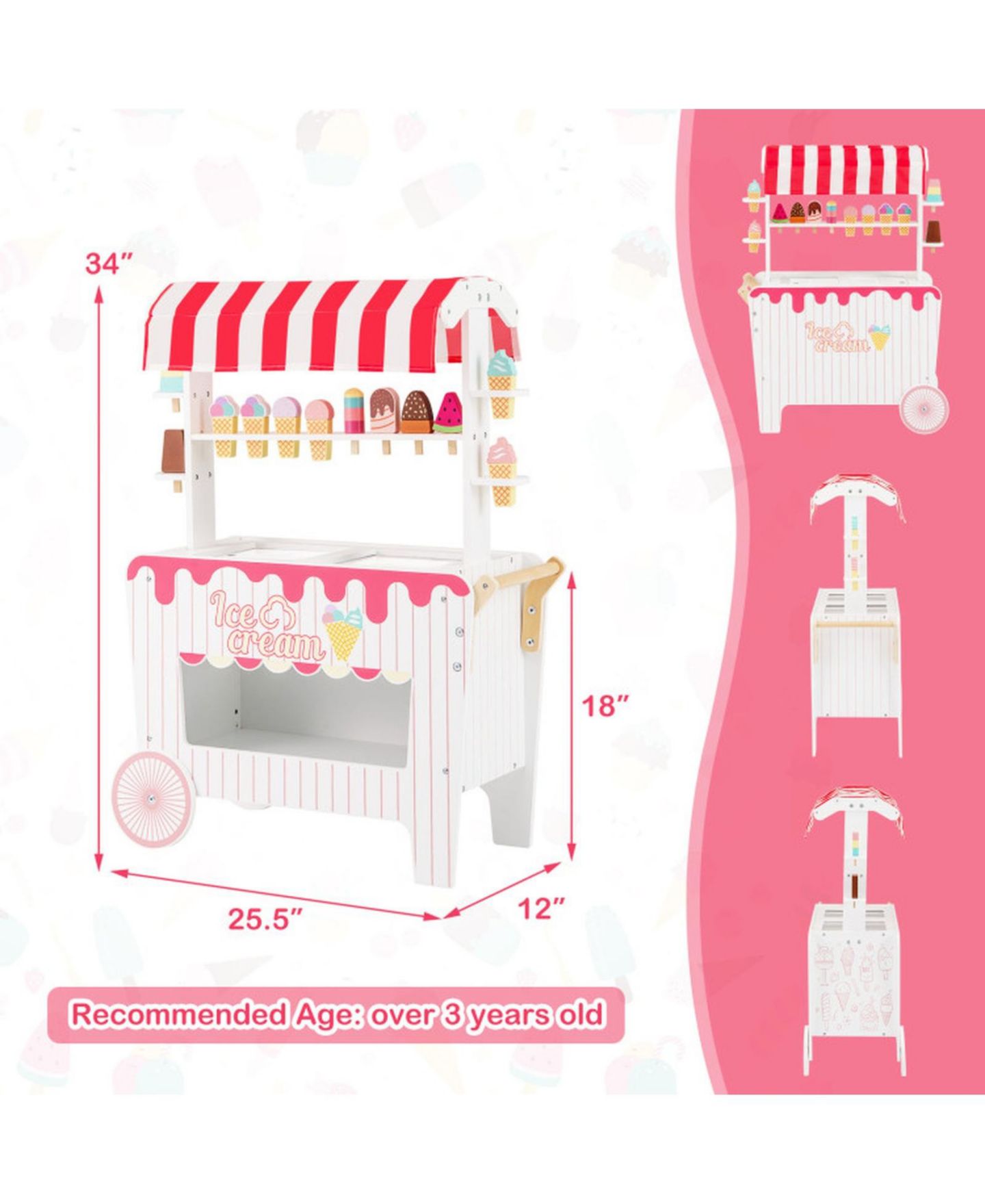 Детский игровой набор SUGIFT Ice Cream Cart 12-Piece Rolling Canopy Playset, Ages 3+, цвет: Красный — фото 3