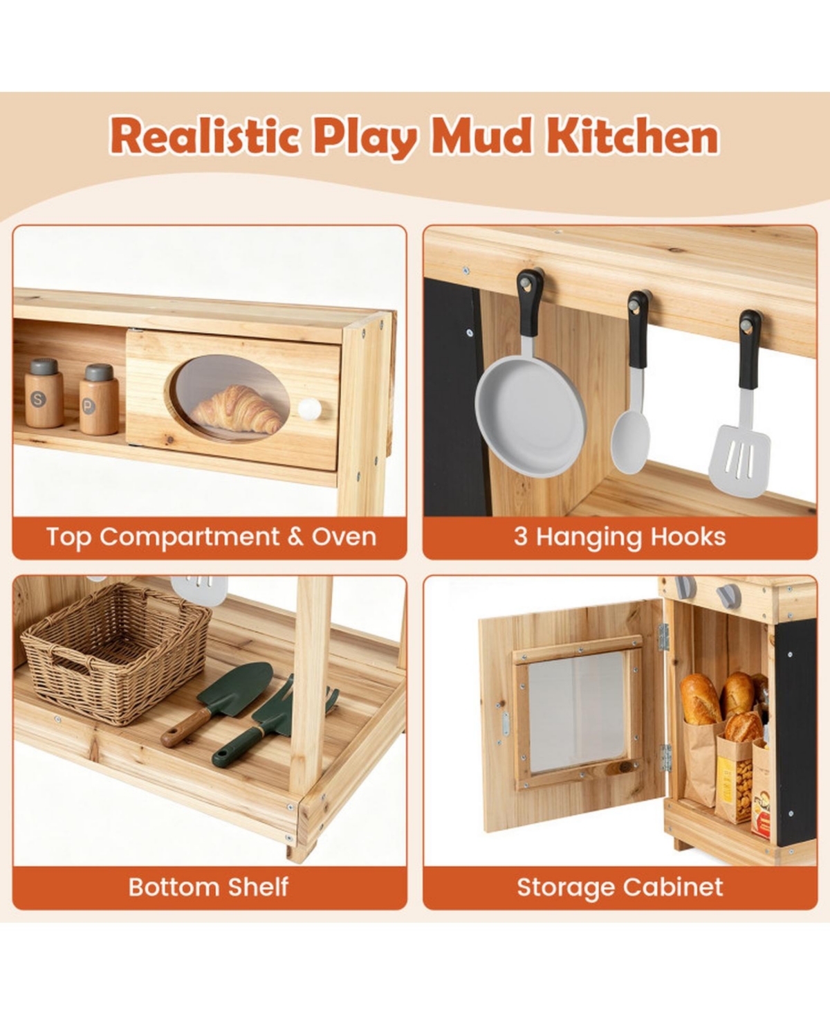 Sugift Kids Outdoor Mud Kitchen Fir Wood Play Station with Rotatable Stove Knobs and Chalkboard Ages 3 Plus