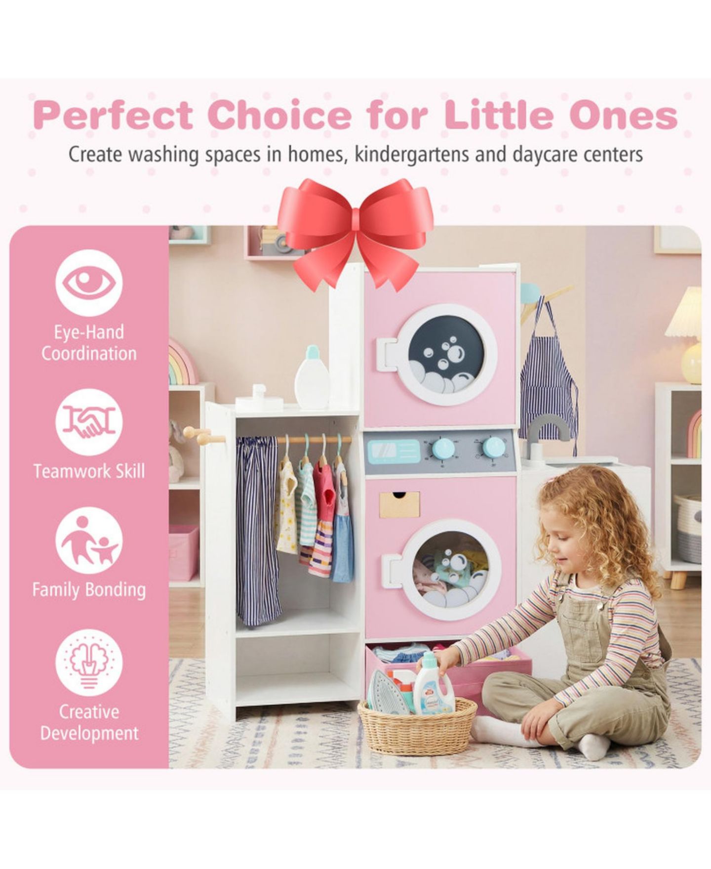 Детский игровой набор SUGIFT Kids Laundry Dual Washers Ironing Board Playset, Ages 3+, цвет: Розовый — фото 5