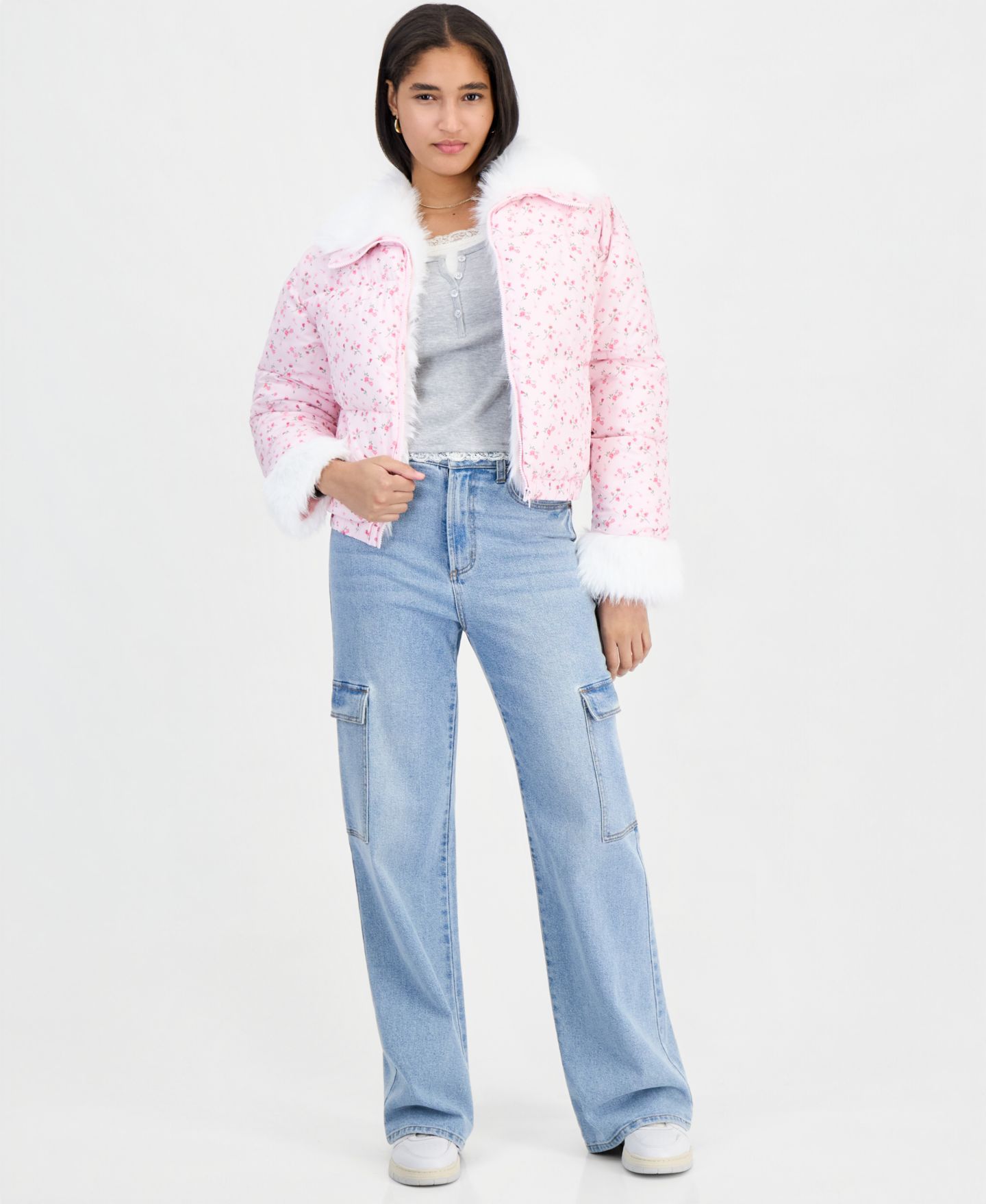 Женская куртка Madden Girl Juniors' Floral-Print Faux-Fur Trim Puffer, цвет: С принтом — фото 3