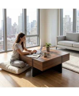 Mid-Century Modern Expandable Coffee Table with Sliding Top and Hidden Storage, Wood-Grain Finish Cocktail Tea Table for Living Room Small Spaces Apar
