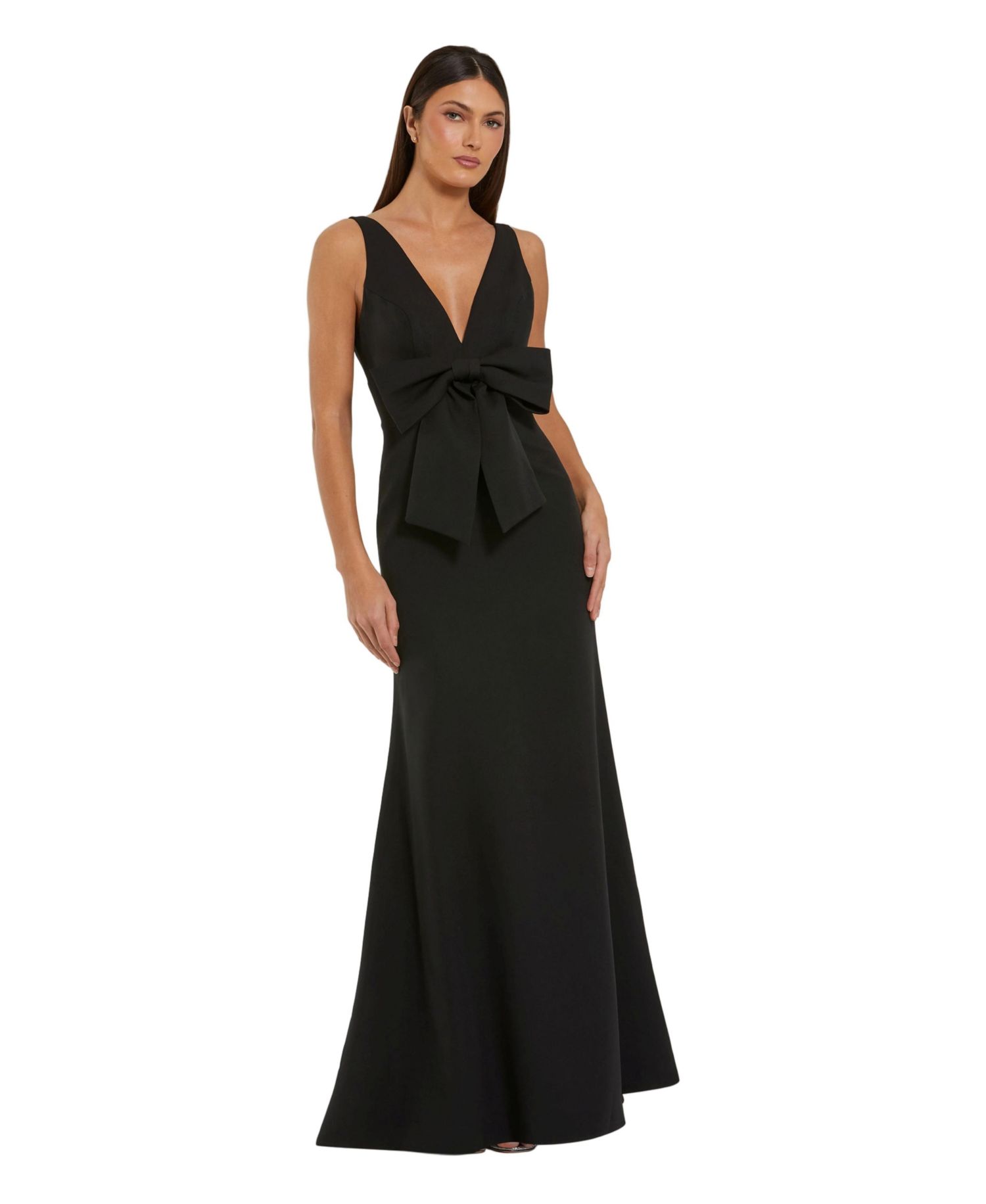 Women's Crepe Sleeveless V Neck Column Dress With Bow