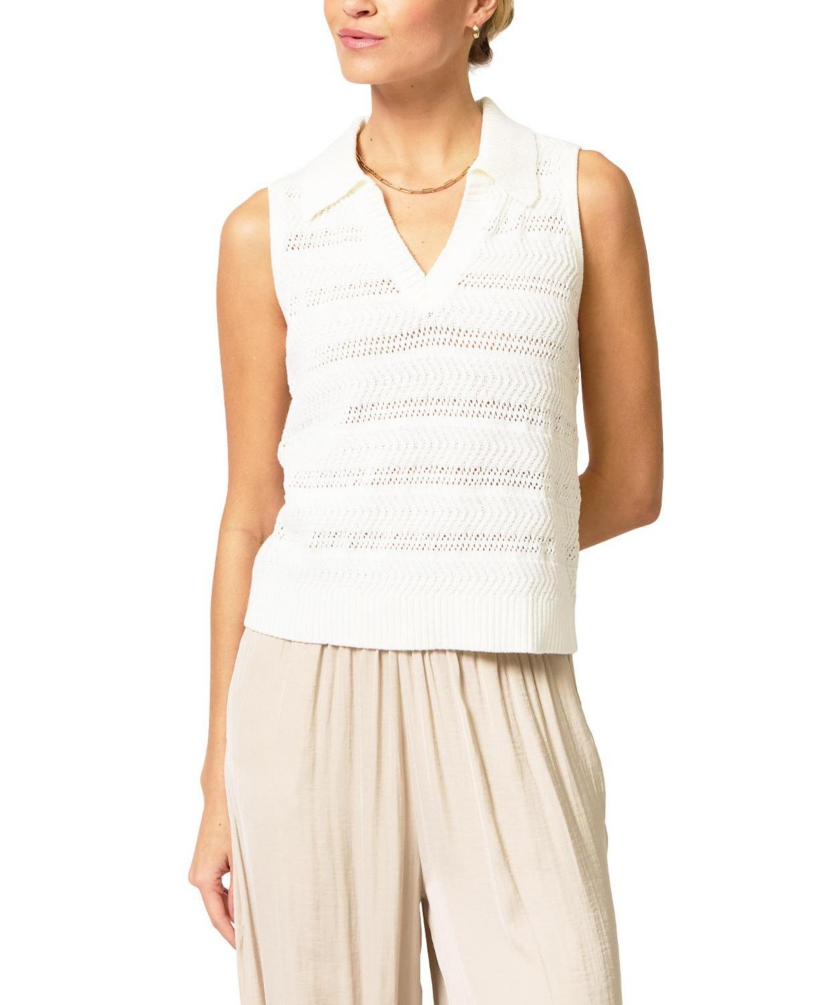 Central Park West Women's Avery Pointelle Sleeveless Polo Collar V-Neck Sweater Vest - Ivory white