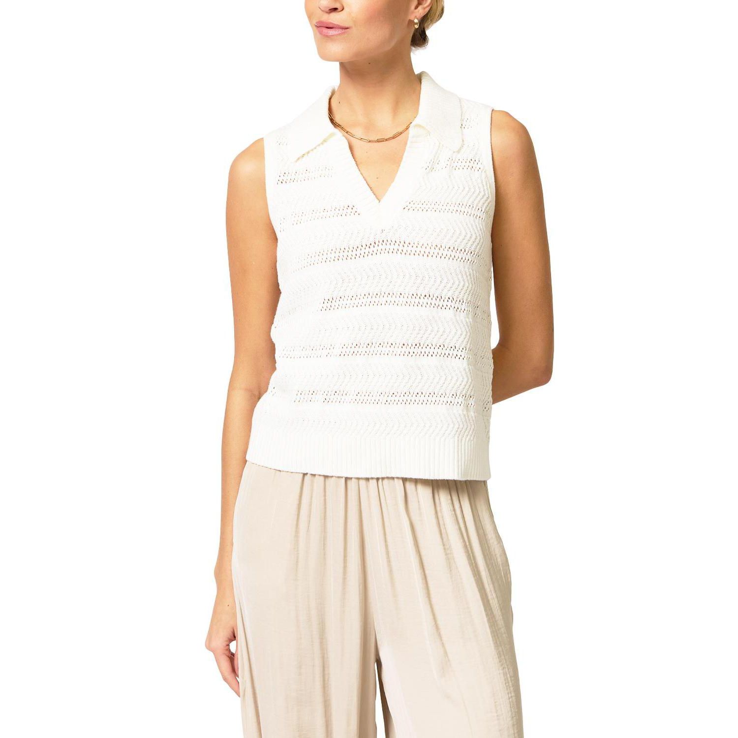Women's Avery Pointelle Sleeveless Polo Collar V-Neck Sweater Vest