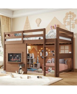  Twin Size Loft Bed with Slide, Chalkboard, Bookshelf and Safety Rails