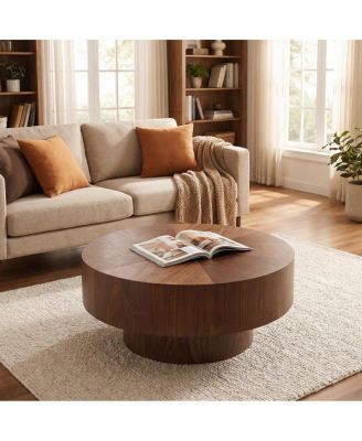 Round Wood 31.49" Coffee Table for Living Room, Walnut