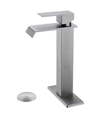 Single Handle Waterfall Bathroom Sink Faucet, Stainless Steel Tall Vessel Tap with Pop-Up Drain
