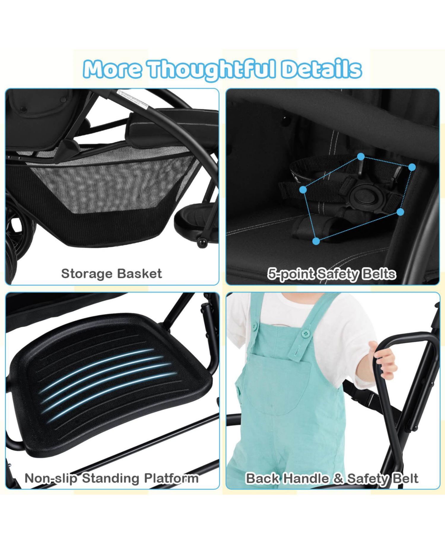 Sit and Stand Double Stroller with Adjustable Handle Bar Backrests Footrest Canopies