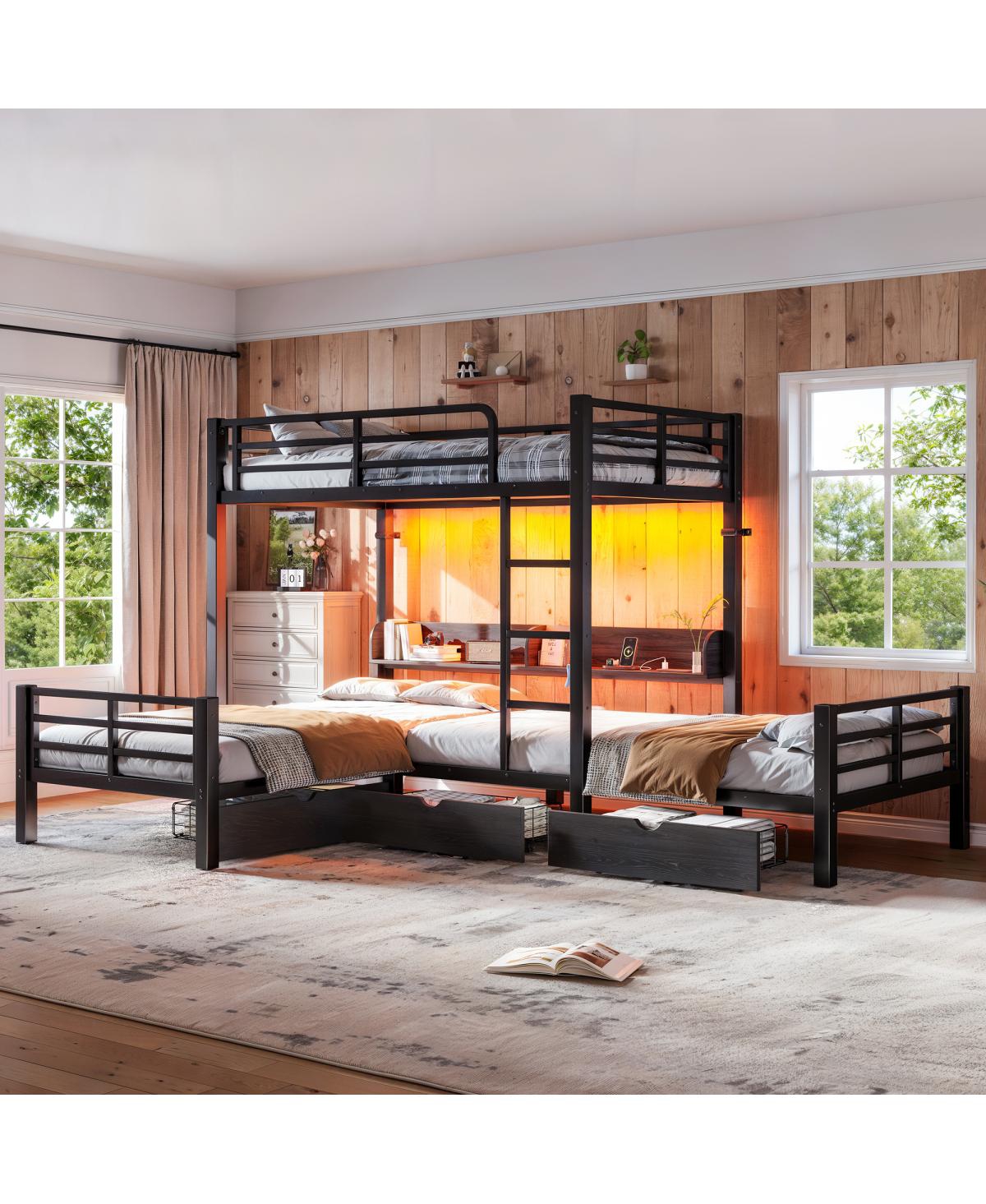 Streamdale Furniture Triple Twin L-Shaped Loft Bed with Storage, Led and Usb