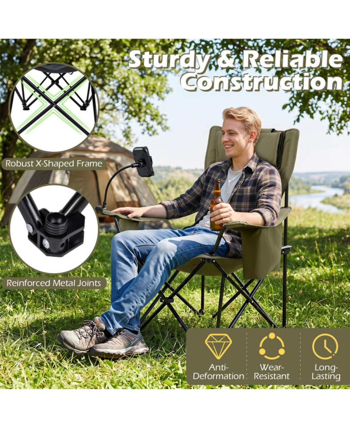 Sugift 2-in-1 Reclining Camping Chair Converting to Lounger with 3-Level Adjustable Backrest