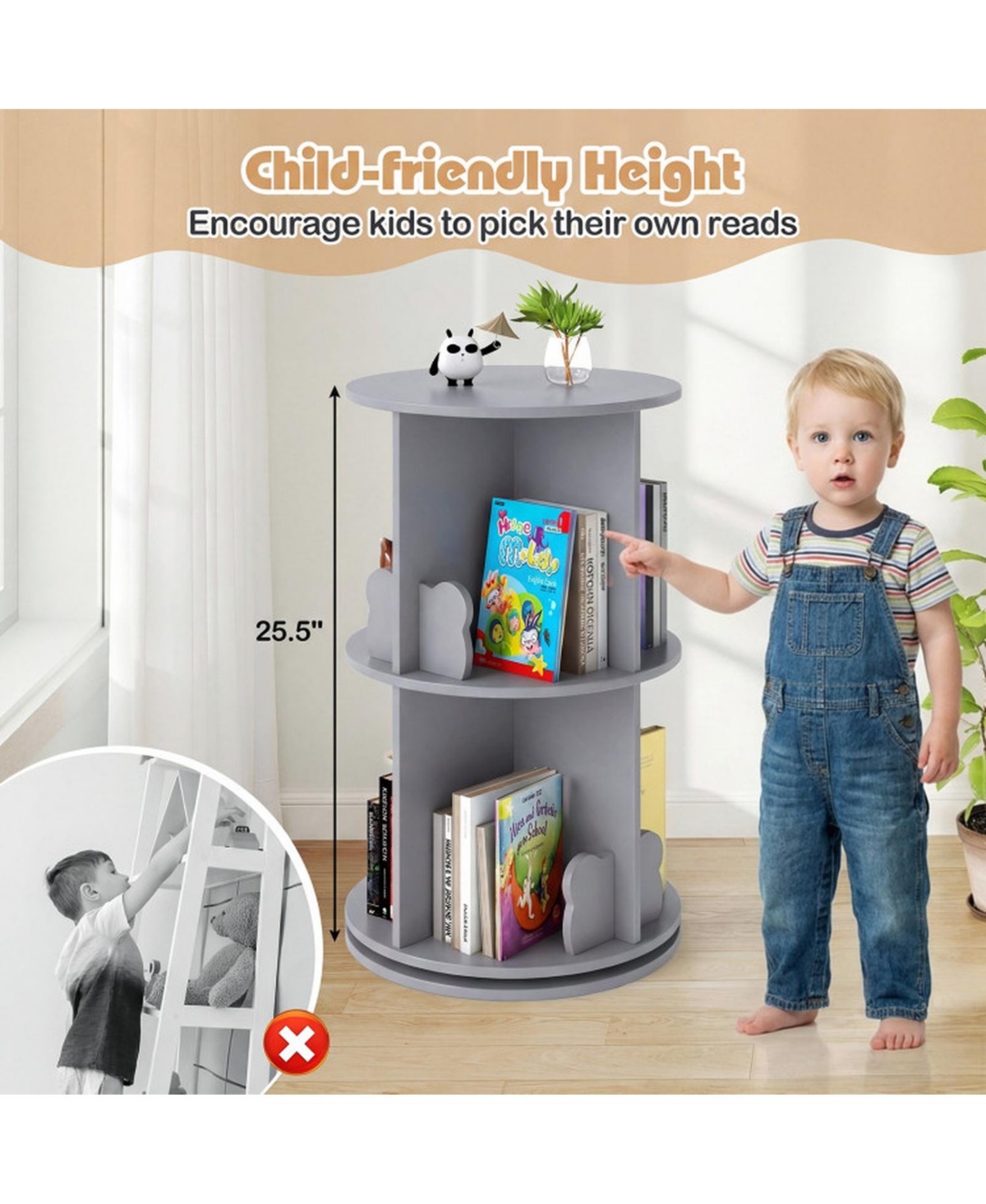 Sugift 2-Tier Rotating Kids Bookshelf 360-Degree Spinning Storage Rack with Bear Baffles